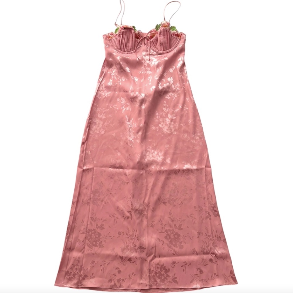For Love & Lemons Pink Floral Satin Midi Dress
